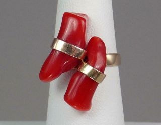 Unique Vintage Mid Century 14k Gold Freeform Natural Red Coral Ring Size 6.  25