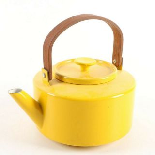 Vintage Mid Century Copco Michael Lax Yellow Enamel Teapot Wood Handle
