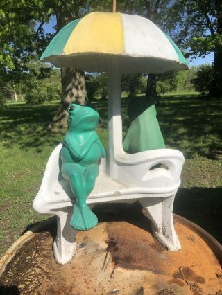 Vintage Concrete Yard Decor 2 Frogs Sitting On A Bench Covered With Umbrella