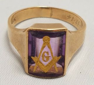 Vintage 10k Yellow Gold Masonic Ring With Amethyst Size 10 1/4 Freemason Mason
