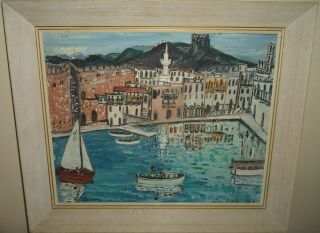 Vintage Impressionist Naive Oil Painting Kyrenia Harbour Cyprus Signed Date 1961
