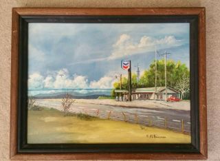 Vintag M.  Feinerman Oil Painting Texas Standard Gas Station 60s Advertising Sign