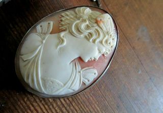 Large 1930s Carved Shell Cameo Brooch Pendant Psyche Butterfly Silver