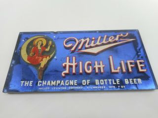 Vintage 1930 - 40s Miller High Life Beer Glass Mirrored Back Bar Advertising Sign