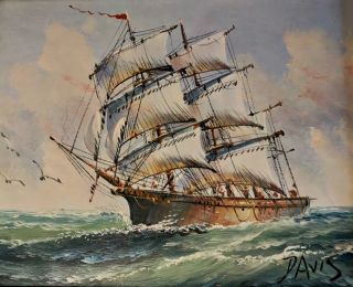Vintage Signed Oil Painting Sailing Ship Framed Ocean Maritime Sail Sailor