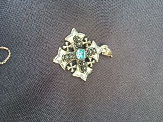 Vintage 900 Silver Jerusalem Cross Pendant With Topaz Accent