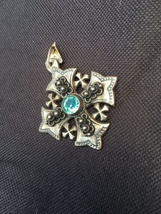 VINTAGE 900 SILVER JERUSALEM CROSS PENDANT WITH TOPAZ ACCENT 2