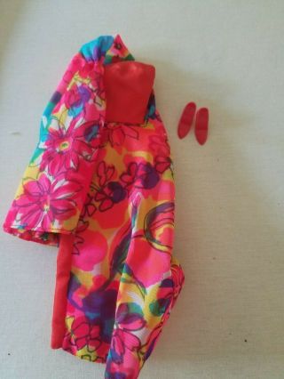 Rare Barbie Vintage Red Multi Colored Floral Gown With Red Pumps Vgc