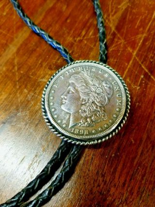 Vintage 1898 Morgan Silver Dollar Bolo Bola Tie And Cord Tips Unisex Gift