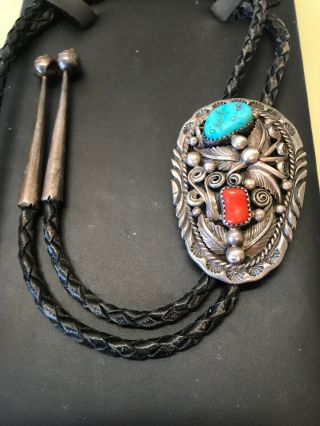 Vintage Navajo Sterling Silver Turquoise Acoral Bolo Tie Leather Signed L Dy42