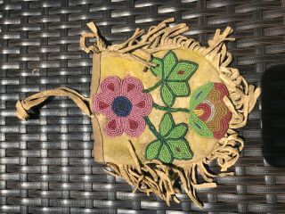 Vintage Native American Beaded Pouch W Colorful Flowers Antique