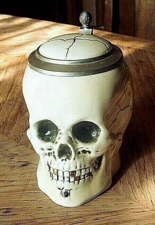 Vintage German Albert Stahl & Co.  Porcelain/zinc " Skull " Beer Stein