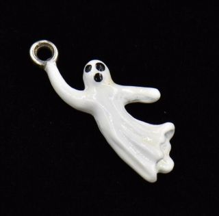 Vintage Ghost White Enameled Sterling Silver Charm Spooky Halloween 3d Spirit
