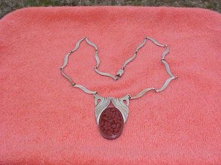 Mexico Sterling Silver 26 " Necklace With Cinnabar Inlay - 2 Ounces And Gem