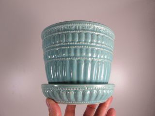Vintage Mccoy Pottery Aqua Blue Beaded Flower Pot 5 I/4 " Inches Attached Saucer