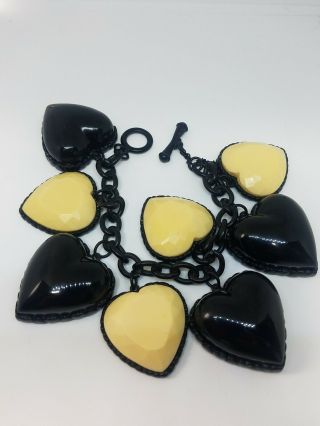 Betsey Johnson Vintage Black & Ivory White Lucite Large Heart Charm Bracelet