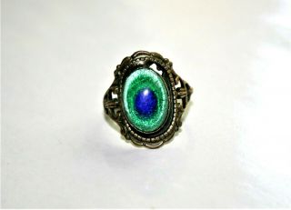 Rare Antique Czech Peacock Eye Glass Stone Ornate Brass Ring Size 7