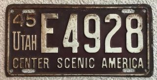 Hard To Get Vintage Single 1945 Utah License Plate E4928 Center Scenic America
