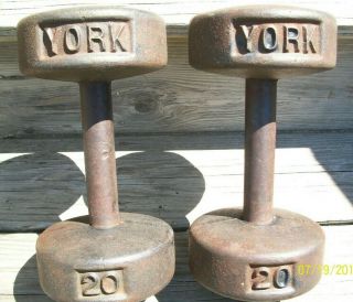 Vintage " York " Cast Iron 20 Dumbbell Weights,  Round Head & Rare Logo