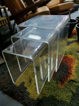 Vtg 3 Mcm Mid Century Modern Waterfall Lucite Nesting Stacking Table.  Space Age
