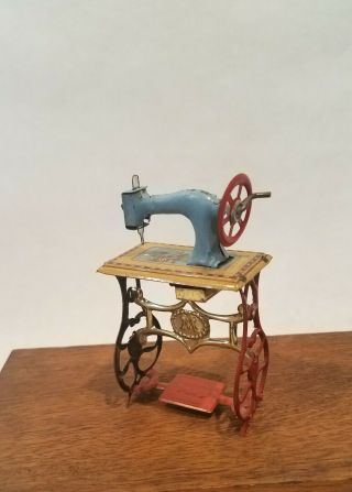 Antique German Miniature Doll House Sewing Machine Tin Litho Penny Toy Vintage