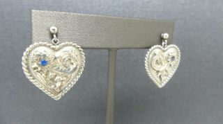 925 Sterling Silver Blue Sapphire Engraved Heart Vtg Vogt Silversmiths Earrings