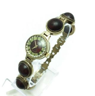 Vintage Ussr Gold Plated Ladies Watch Chayka On Inlaid Bracelet Stone " Bulls Eye