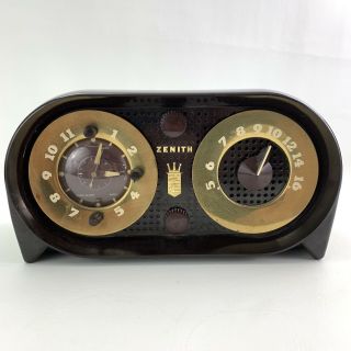Vintage Zenith Tube Radio Mod G516 Owl Eyes 2 Clocks Oddball Bakelite