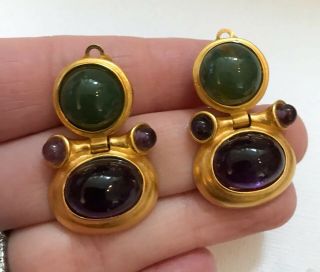 Gorgeous Jaded Jewels Nyc 22k Gold Plated Purple Green Cabochon Clip Earrings