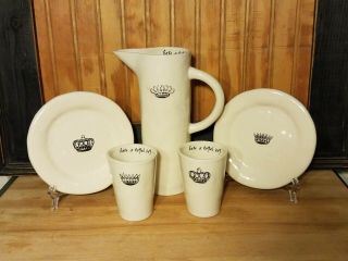 Rare Rae Dunn Crown Have A Royal Day Breakfast Set Cups Plates Cracked Pitcher