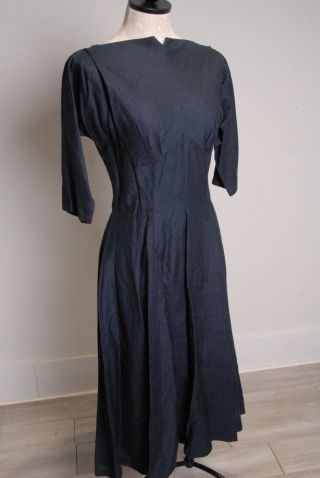 Vtg 1940 - 50s Navy Dress,  Elegant Grace Kelly Style,  Plus Size 30 In.  Waist