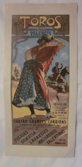 Toros Vintage Spanish Bullfighting Poster Lithograph July 1906 Valencia