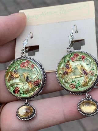 Amy Kahn Russell Silver Hand Painted Bird Earrings/vintage Button/celestial Q.