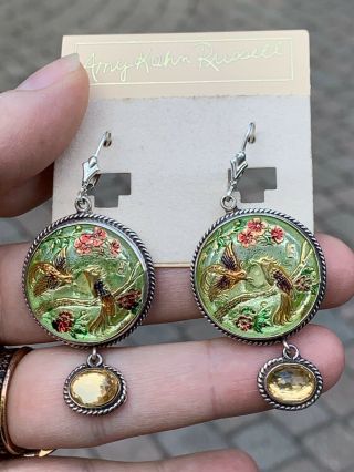 amy kahn russell Silver Hand Painted Bird earrings/vintage button/celestial Q. 3