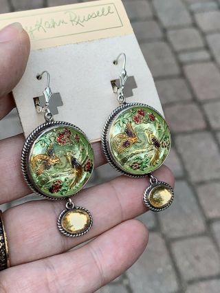 amy kahn russell Silver Hand Painted Bird earrings/vintage button/celestial Q. 4