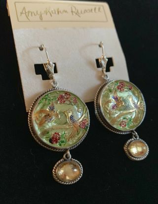 amy kahn russell Silver Hand Painted Bird earrings/vintage button/celestial Q. 6