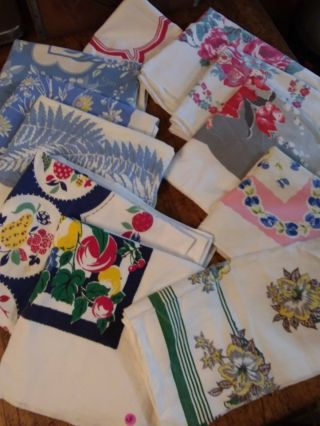 Ten Vintage Mid - Century Cotton Print Table Cloths,  Napkins,  Various Conditions
