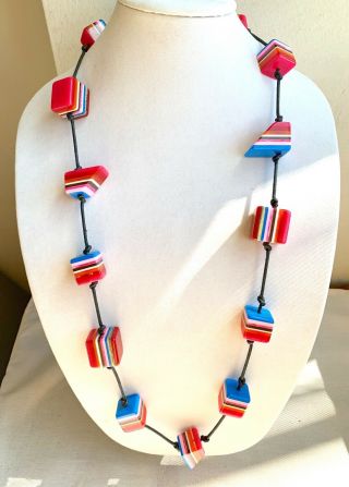 Vintage Sobral Pop Art Runway Necklace - Multicolor Stripe Resin Lucite Beads