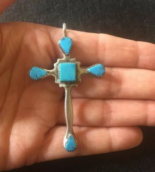 Vintage Pawn Sand Cast Sterling Silver Turquoise Cross Pendant