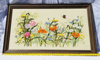 Large Framed Spring Floral Embroidered Crewel Vintage 44 " L X 26 " H