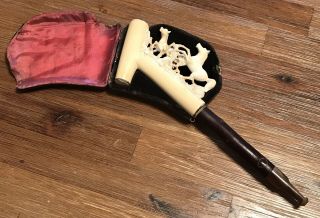 Vintage Antique Carved Two Horses Meerschaum Smoking Pipe W/ Case