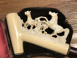 VINTAGE ANTIQUE CARVED TWO HORSES MEERSCHAUM SMOKING PIPE W/ CASE 2