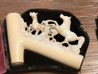 VINTAGE ANTIQUE CARVED TWO HORSES MEERSCHAUM SMOKING PIPE W/ CASE 7
