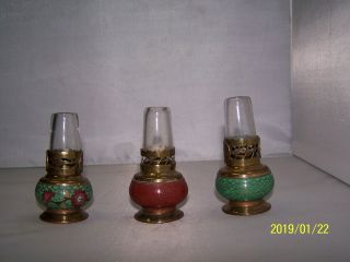 Three Vintage Chinese Brass Enamel Cloisonne Opium Oil Lamps