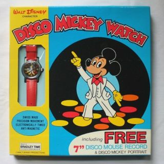 Vintage Walt Disney Disco Mickey Mouse Watch With Disco Mouse Record Mib