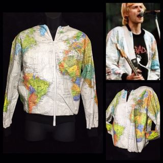 Rare Authentic Vtg 1989 Wearin The World Mens Map Jacket Paper S Kurt Cobain