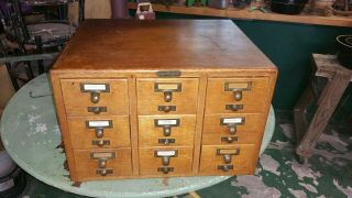 Vintage Oak Gaylord Brothers Dovetailed 9 Drawer Card File Cabinet