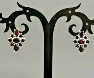 Victorian Sterling Silver Czech Bohemian Pyrop Rose Cut Garnet Floral Earrings