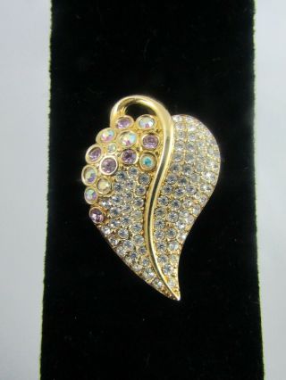 Swarovski Swan Signed Pave Clear Crystal Ab Crystal Gold Tone Leaf Pin Brooch