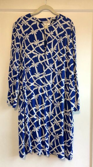 Vintage Yves Saint Laurent Ysl Blue White Bow Print Dress Size 38 4 6 8